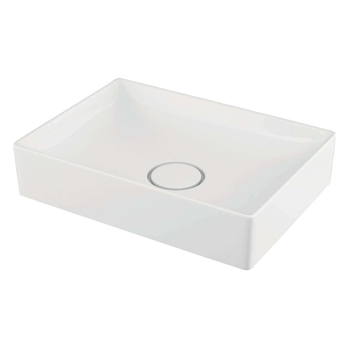 Smooth white rectangular bathroom sink with integrated drain hole, modern design, ideal for contemporary bathroom renovations, seamless surface, durable ceramic material.