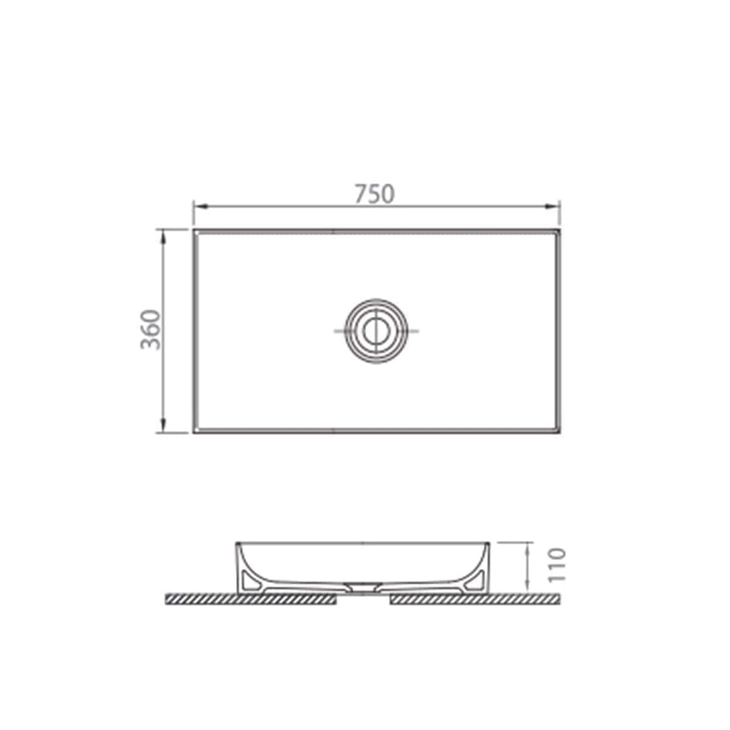 Smooth rectangular bathroom sink with dimensions 750mm x 360mm, featuring an integrated drain and durable ceramic construction, ideal for modern bathroom design.