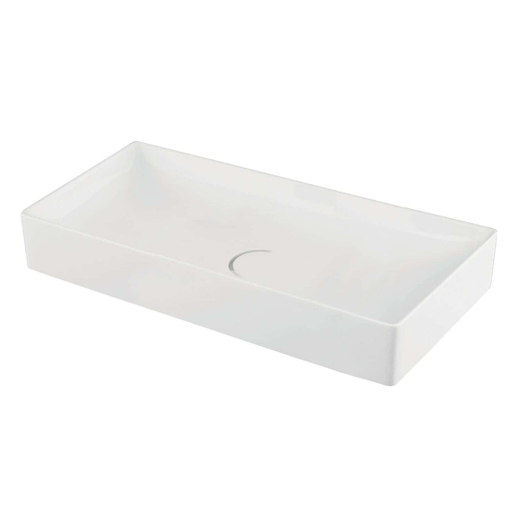 Sleek white rectangular bathroom sink with integrated overflow and modern minimalist design, perfect for contemporary bathrooms.