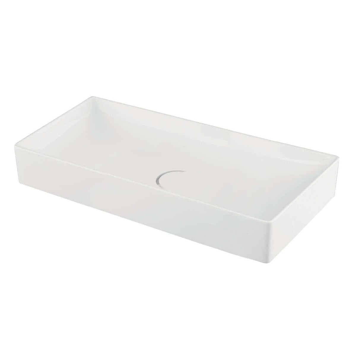 Sleek white rectangular bathroom sink with integrated overflow and modern minimalist design, perfect for contemporary bathrooms.