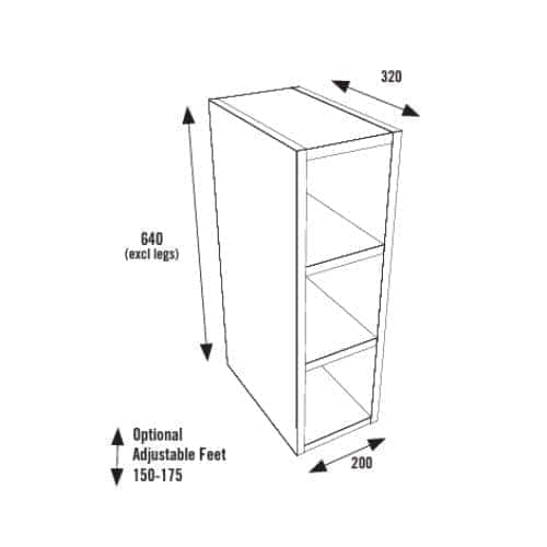 Adjustable bathroom storage unit with three shelves, height 640mm excluding legs, and adjustable feet height 150-175mm, designed for sleek and functional Bubly Bathrooms kitchen and bathroom organisation.