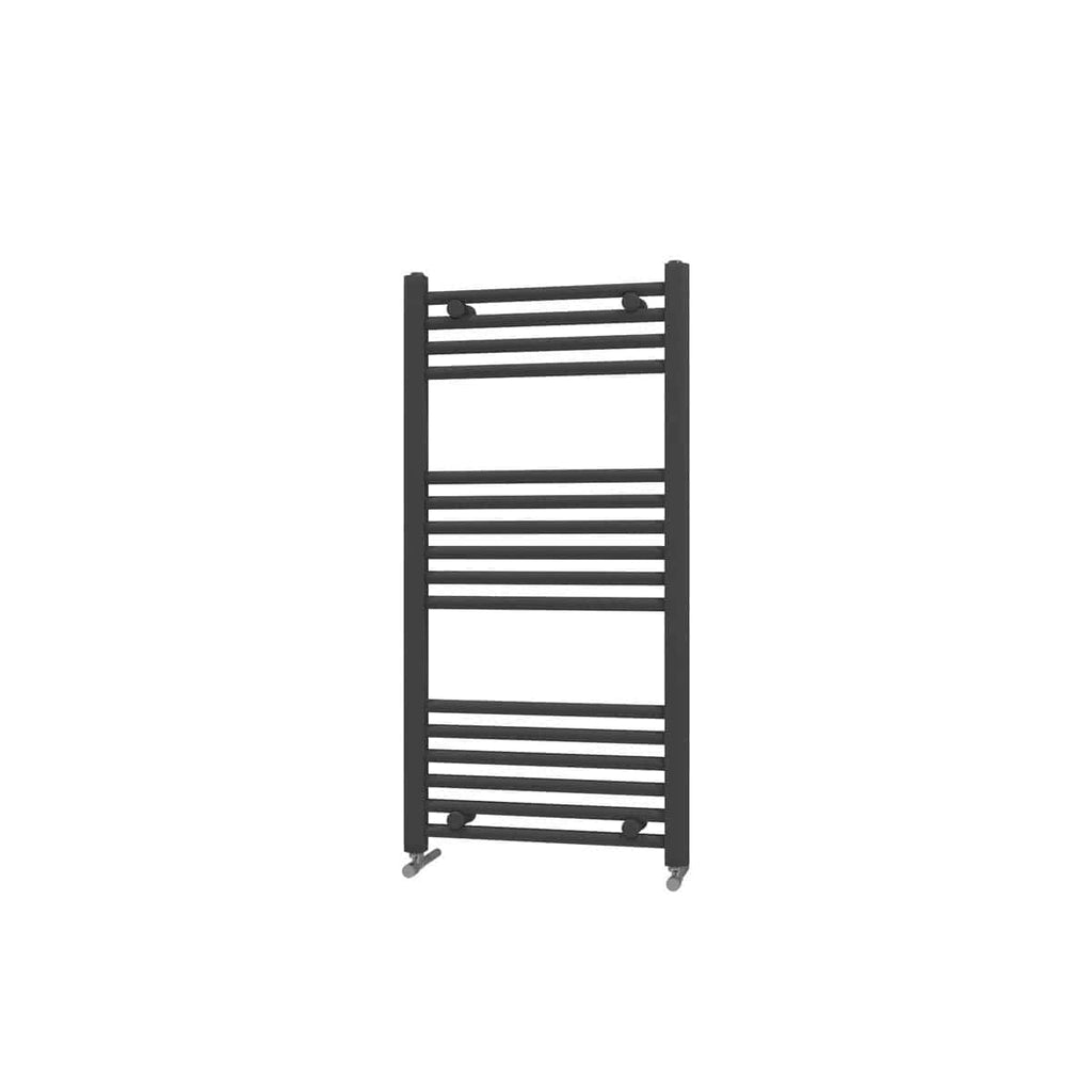 Stylish black heated towel rail for bathrooms with multiple horizontal bars, perfect for drying and warming towels, enhancing bathroom comfort and aesthetics.