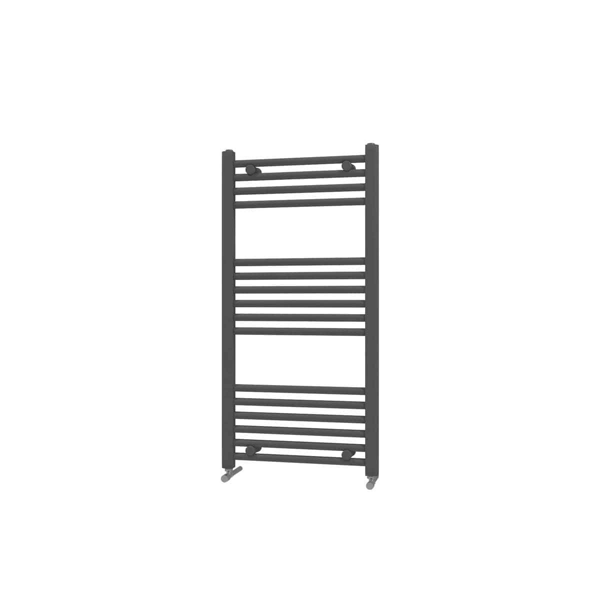 Modern black heated towel rail with multiple bars for efficient drying, suitable for contemporary bathroom settings, offering functionality and stylish design.