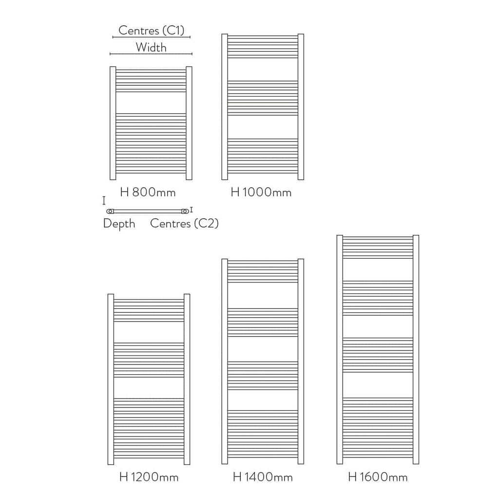 Smooth chrome towel radiator designed for modern bathrooms, available in various heights including 800mm, 1000mm, 1200mm, 1400mm, and 1600mm, with horizontal bars for towels or clothing.