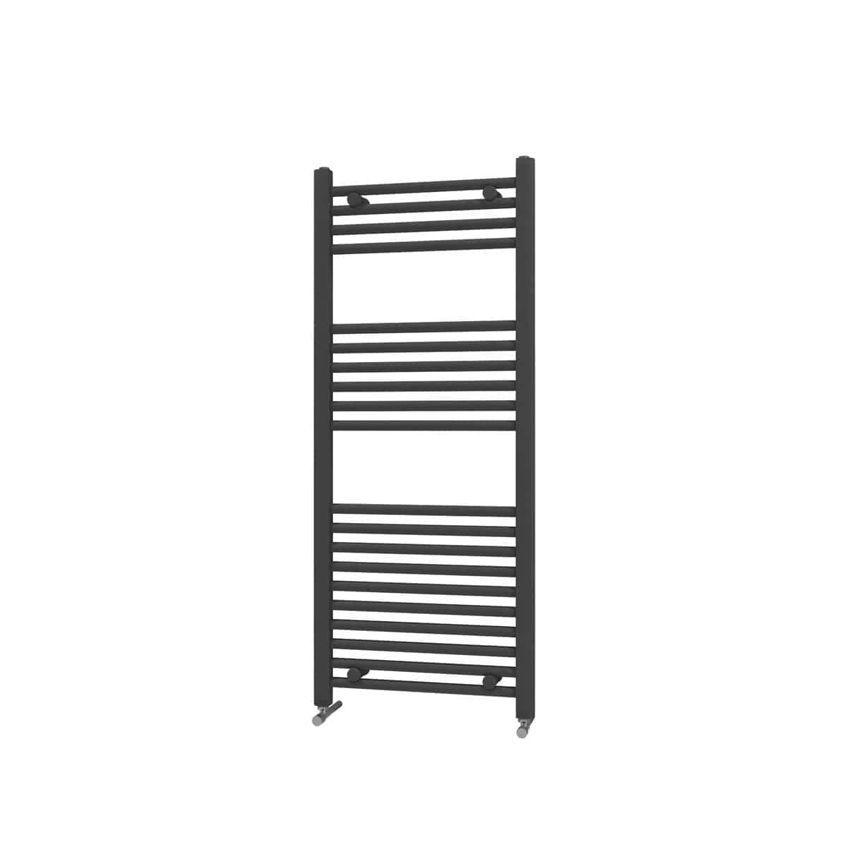 Contemporary black heated towel radiator with multiple horizontal bars, ideal for modern bathrooms and efficient drying. Perfect for adding warmth and style to your bathroom space.