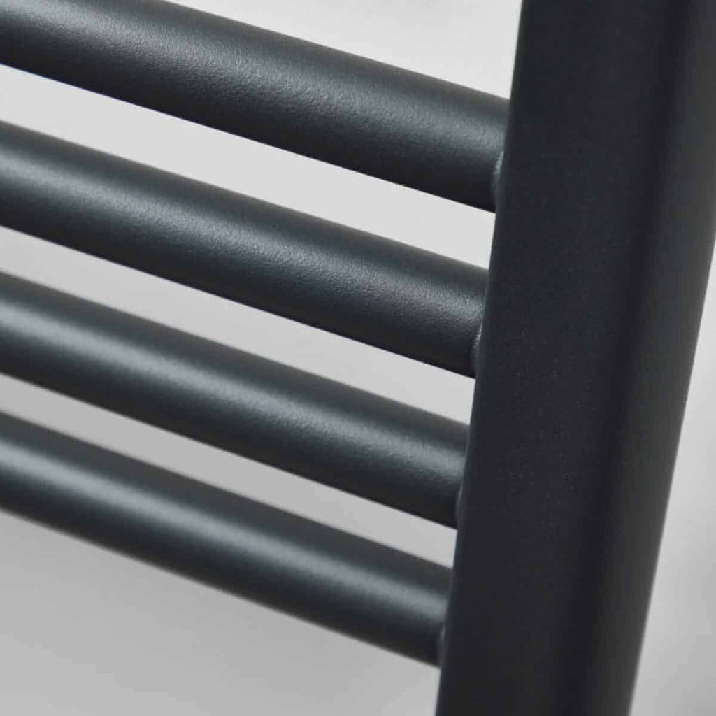 Sleek black heated towel rail with three horizontal bars, ideal for modern bathrooms, providing efficient towel drying and stylish design. Perfect for heating and towel storage.