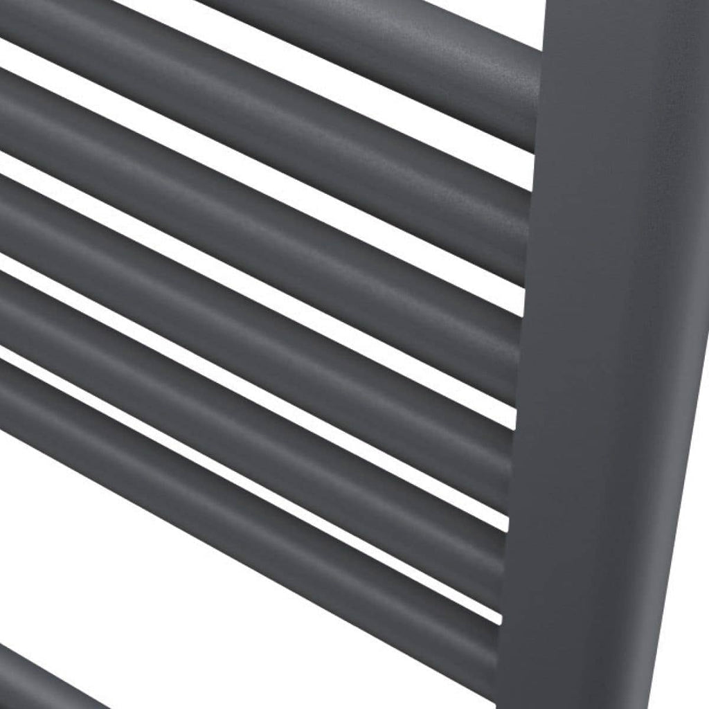 Sleek grey bathroom radiator with horizontal bars, modern and functional bathroom heating towel rail. Perfect for contemporary bathroom interiors and towel drying solutions.