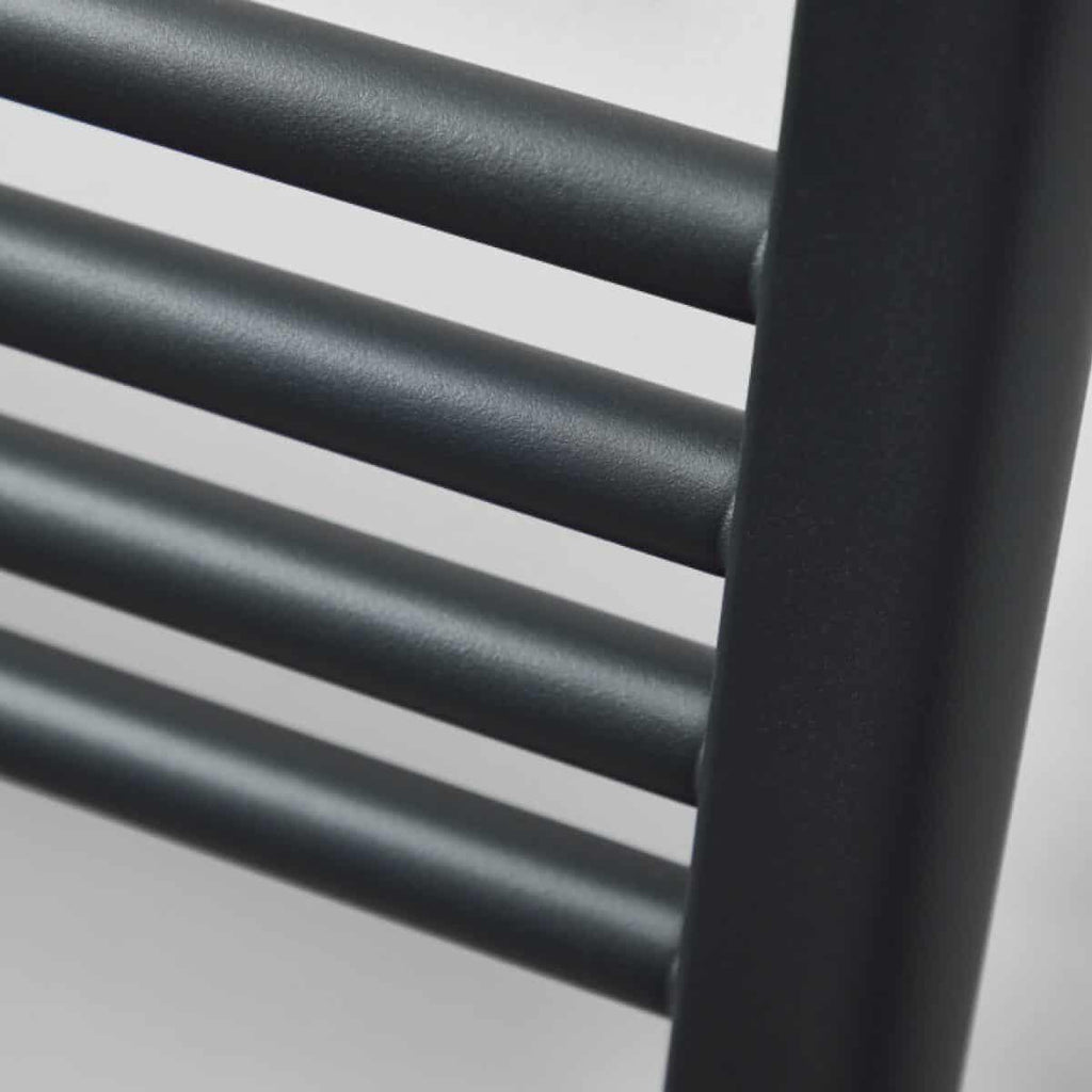 Sleek black bathroom towel rack with horizontal bars, modern wall-mounted design, ideal for bathroom organisation and stylish storage.