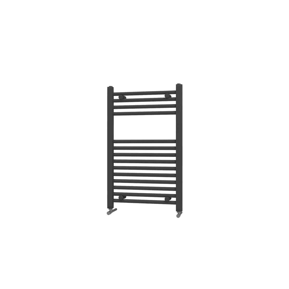 Elegant black heated towel rail with multiple horizontal bars, ideal for modern bathrooms, providing both functionality and stylish bathroom heating solutions.