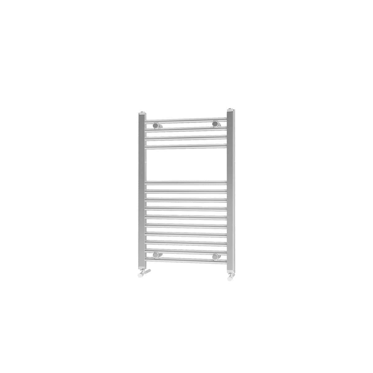 Light grey towel radiator heated towel rail for bathroom and kitchen, with multiple horizontal bars and modern design. Ideal for energy-efficient heating and towel drying.