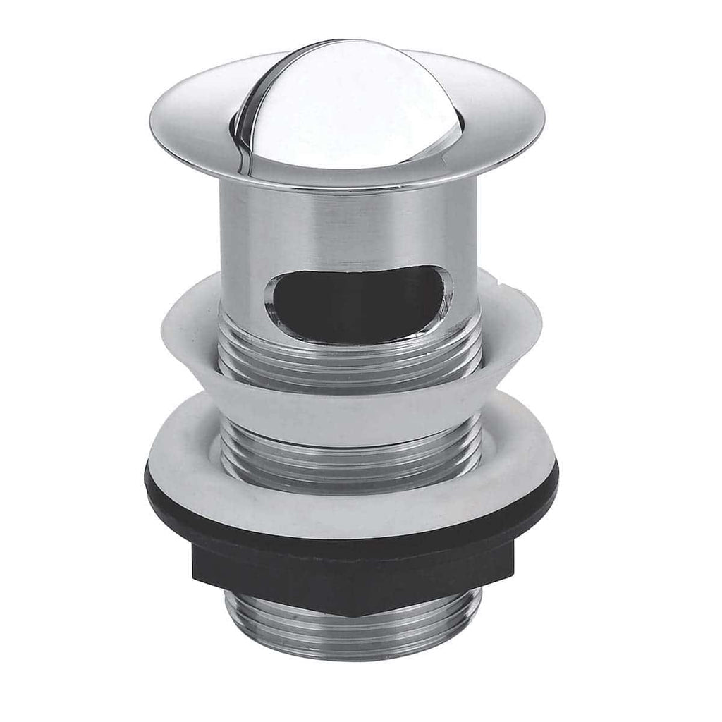 Shut-off drain assembly with polished chrome finish, designed for modern bathroom fixtures and washbasins. Durable and corrosion-resistant, ideal for seamless bathroom plumbing installations.