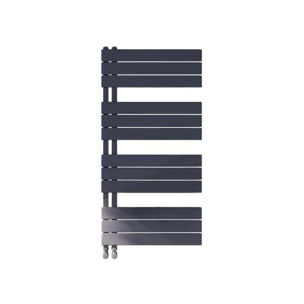 Black modern bathroom towel radiator with horizontal bars, ideal for heated towel racks and bathroom heating solutions. Sleek design perfect for contemporary bathroom decor and efficient warmth.