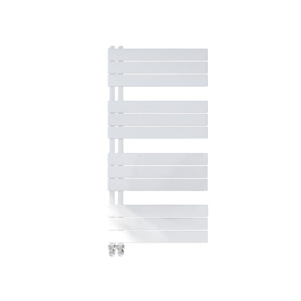 Horizontal white towel radiator for bathrooms, modern heated towel rail with dual central valves, ideal for contemporary bathroom heating solutions.