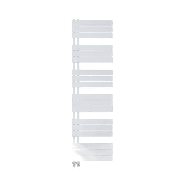 Horizontal white towel radiator for bathrooms, modern designer heated towel rail, ideal for drying and warming towels, and stylish bathroom heating solution from Bubly Bathrooms.
