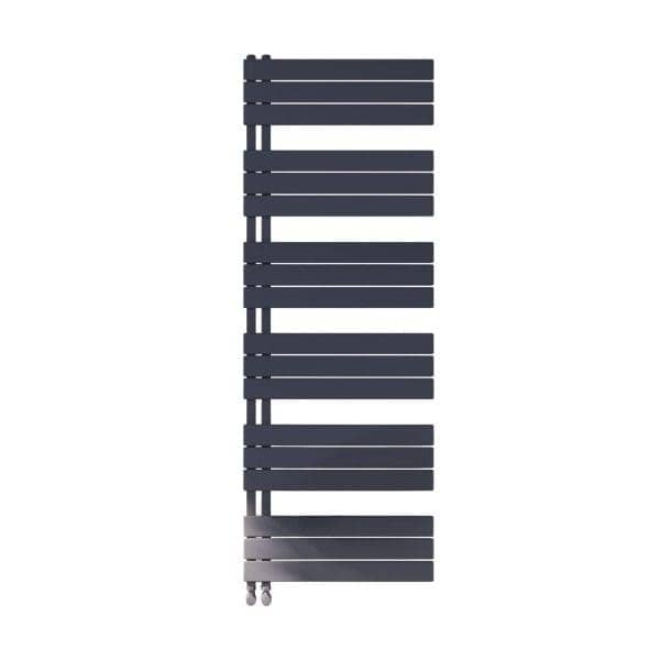 Adjustable towel radiator in modern bathroom design, featuring sleek black finish and slim horizontal bars, perfect for heating and towel drying in contemporary Bubly Bathrooms.