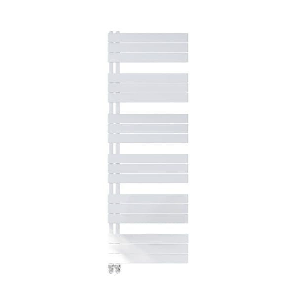 Floating white towel radiator for bathroom heating and drying, modern design, wall-mounted towel heater, suitable for contemporary bathroom decor.