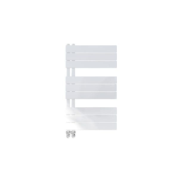 Compact white bathroom radiator with horizontal panels and dual connection valves, ideal for modern bathroom heating solutions.