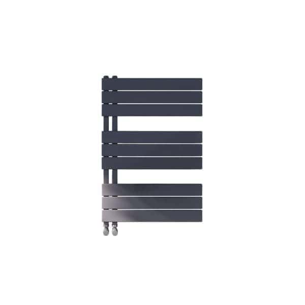 Flexible towel radiator with modern horizontal bars in matte black, ideal for bathroom heating and towel drying. Perfect for contemporary bathroom designs and efficient heat distribution.