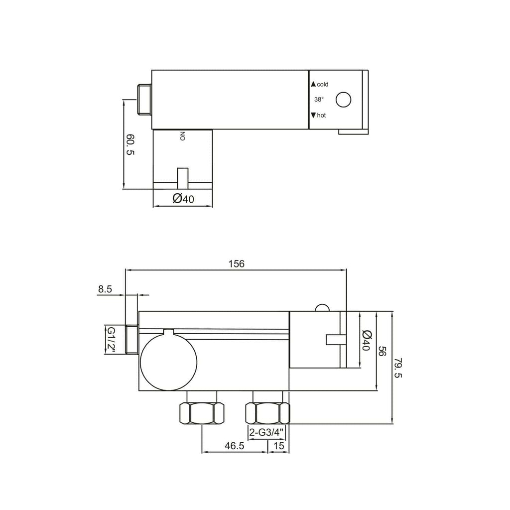 Accurate technical bathroom valve drawing with detailed measurements and specifications for Bubly Bathrooms. Perfect for bathroom design, plumbing installation, and renovation projects.