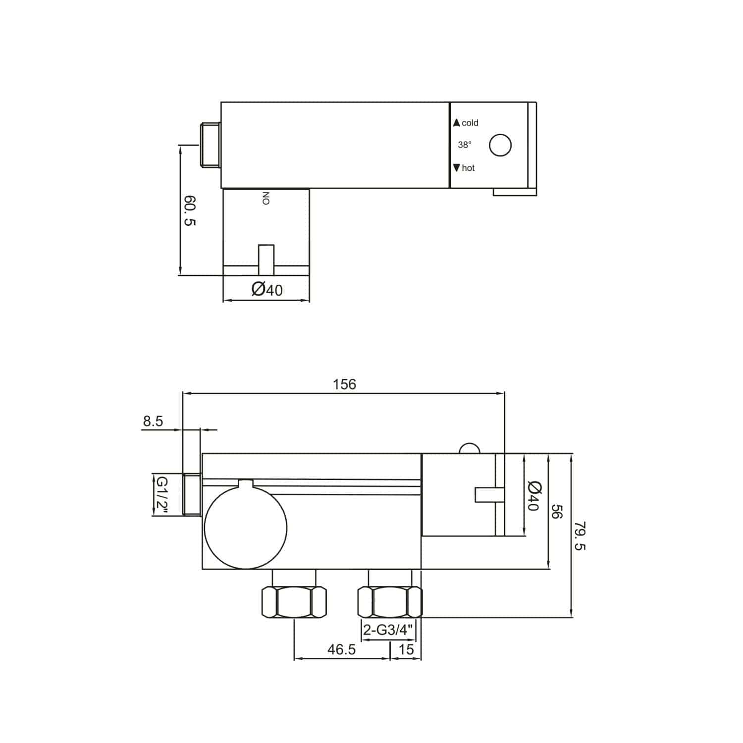Accurate technical bathroom valve drawing with detailed measurements and specifications for Bubly Bathrooms. Perfect for bathroom design, plumbing installation, and renovation projects.