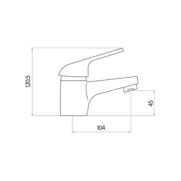 Compact bathroom sink tap technical drawing with measurements for installation. Ideal for modern bathroom designs, showing detailed dimensions for fitting and functionality.