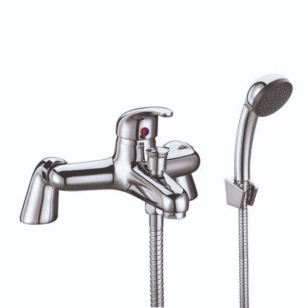 Modern chrome kitchen tap with integrated hand shower, perfect for contemporary bathroom renovations and efficient water control. Ideal for stylish, functional bathroom or kitchen fixtures.