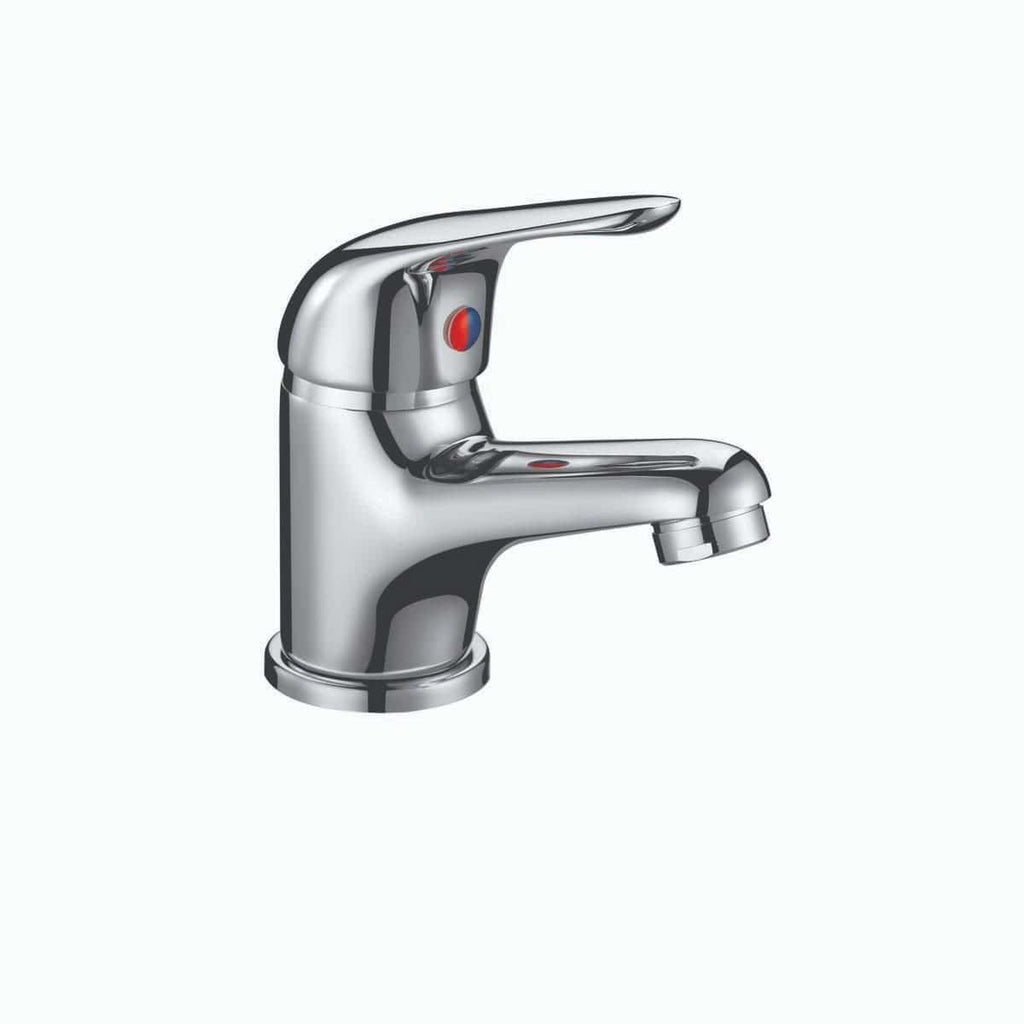 Shiny chrome bathroom tap with single lever handle, ideal for modern washbasins.