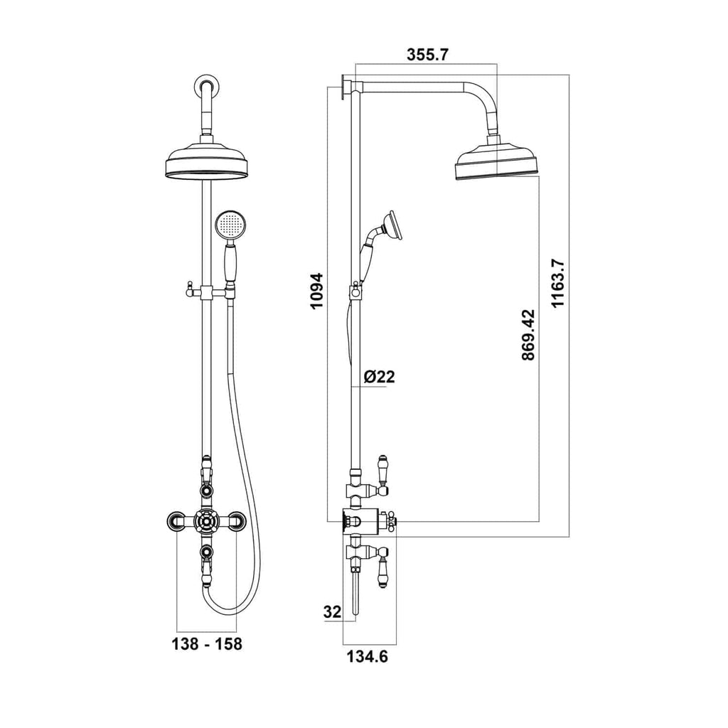 High-quality shower system design drawing with detailed measurements, ideal for modern bathroom remodels and plumbing installations, showcasing durable materials and sleek features for luxury bathrooms.