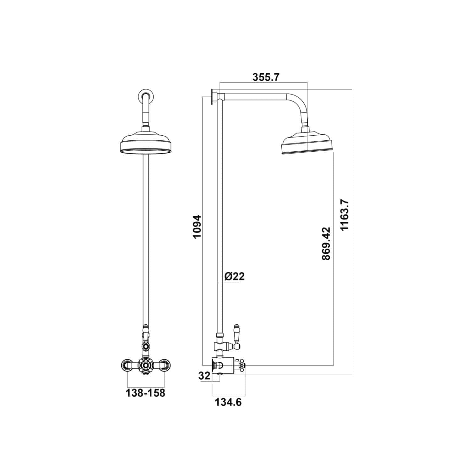 High-quality bathroom shower system technical drawing with detailed measurements, perfect for modern bathroom renovation and plumbing installation. Ideal for bathroom design professionals.
