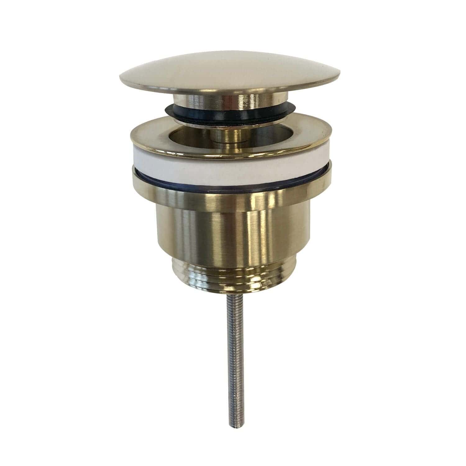 Stainless steel bathroom sink popup drain assembly with rubber seals and threaded pipe for easy installation. Perfect for modern bathroom fixtures and plumbing repairs.