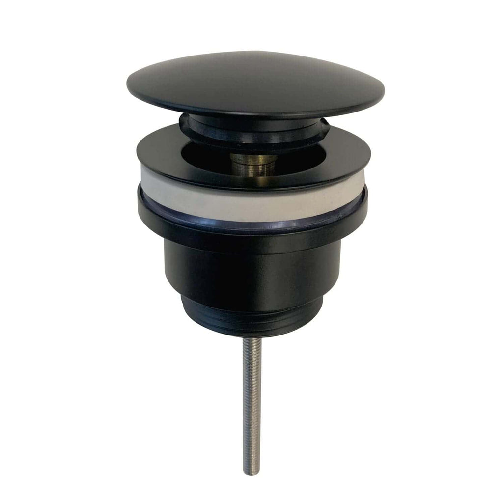 Threaded bath waste overflow drain for modern bathroom installation, black plastic and metal components, durable and reliable plumbing fixture for seamless bathroom waste management.