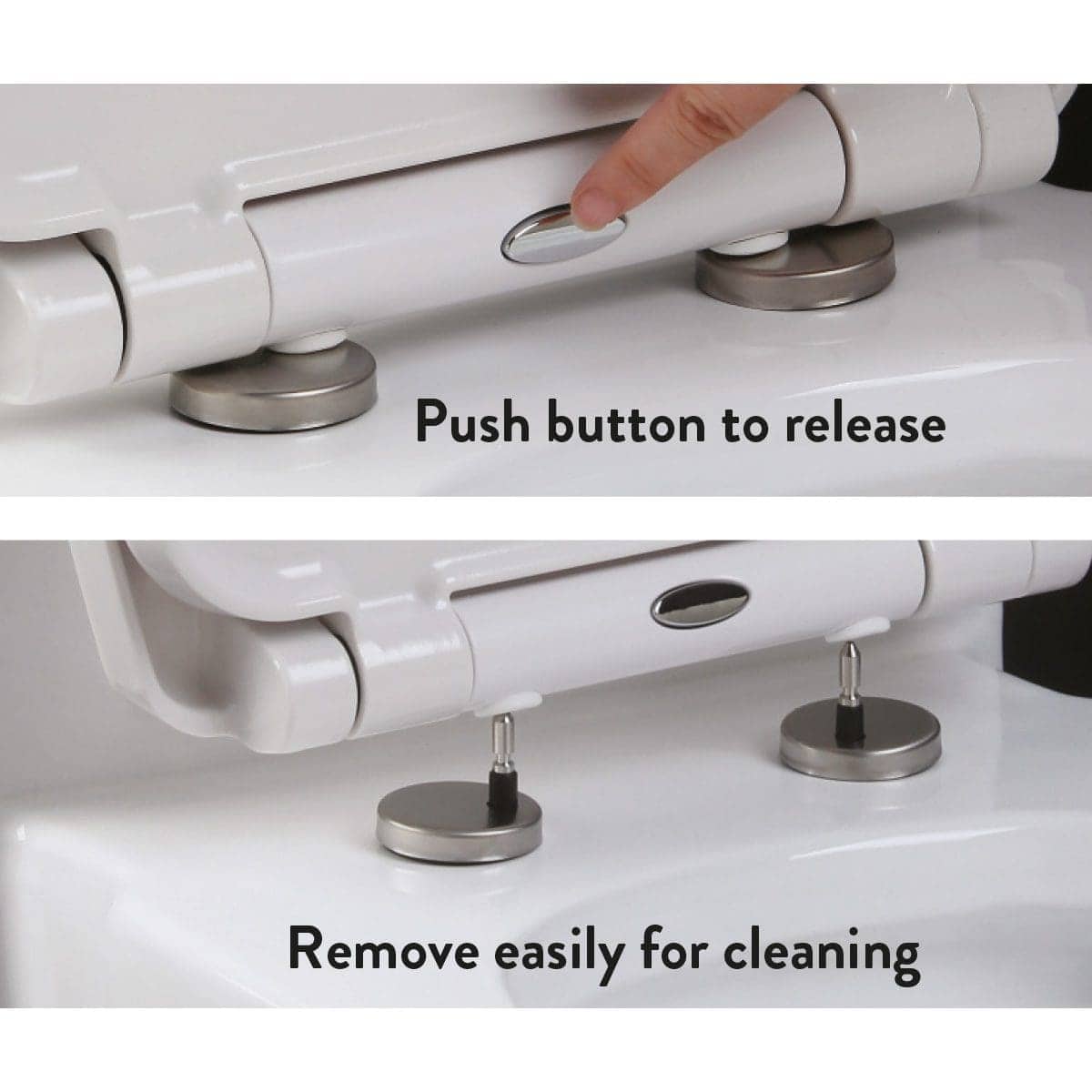 Push button bathroom fixture for easy release and cleaning, featuring removable magnetic parts for convenient maintenance and hygiene. Suitable for modern bathroom environments.