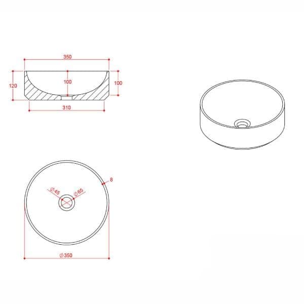 Rectangle cross-section drawing of a round bathroom sink with dimensions and technical specifications, ideal for bathroom renovation and design projects.
