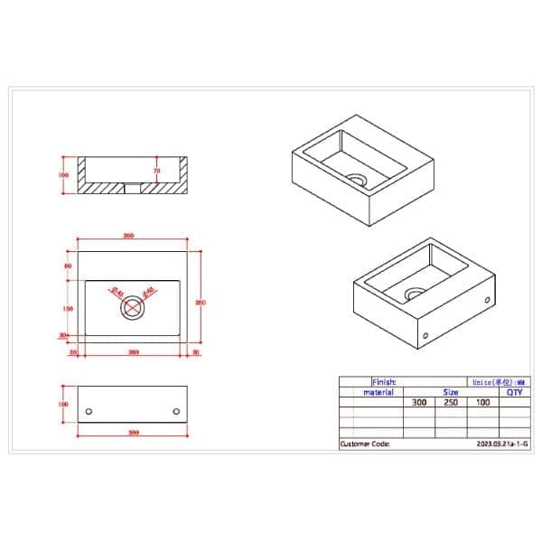 Rectangular bathroom sink technical drawing with detailed dimensions and design specifications. Suitable for custom bathroom design projects and installation.