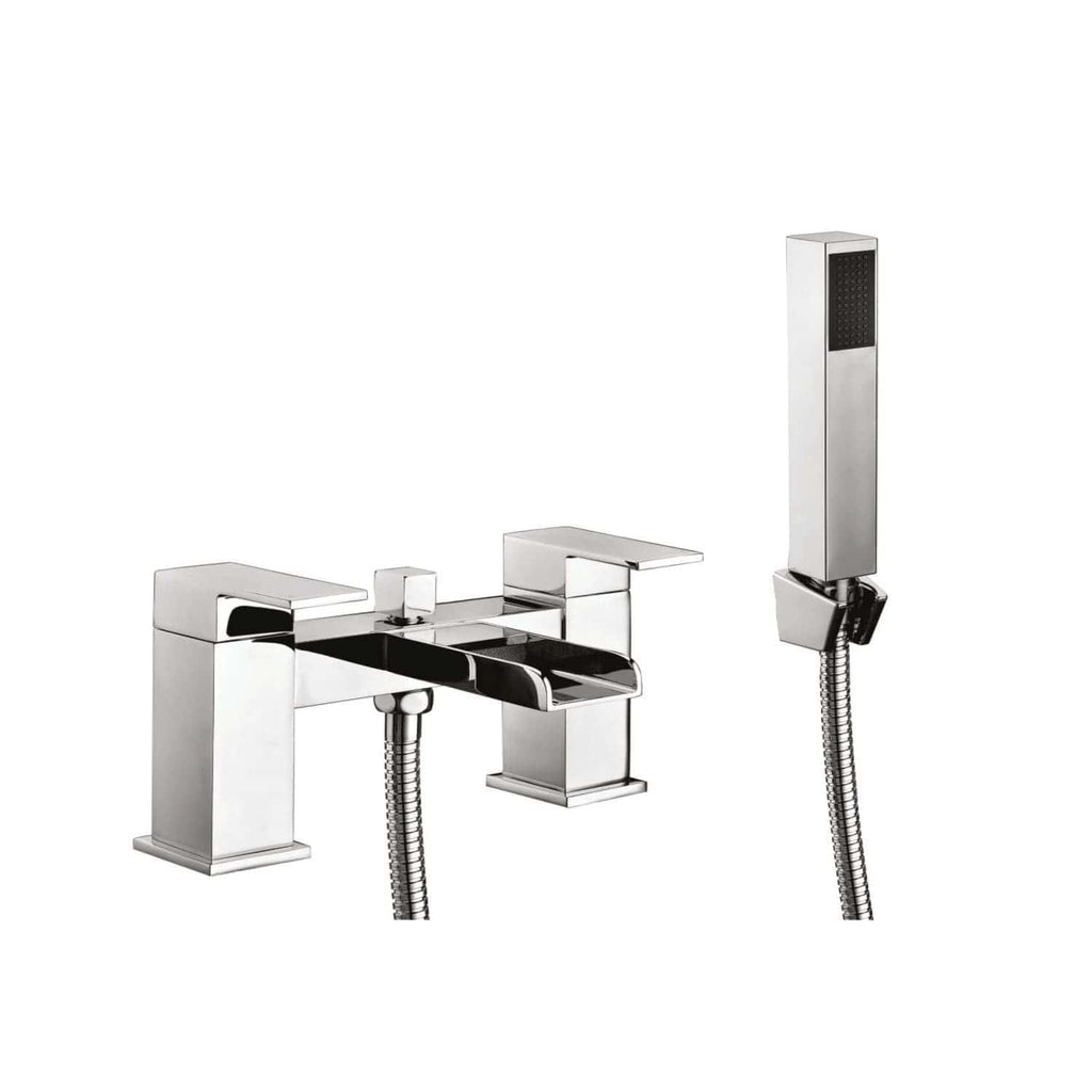 Sleek modern chrome bath tap set with matching handheld shower head, designed for contemporary bathroom renovations and high-quality plumbing fixtures.