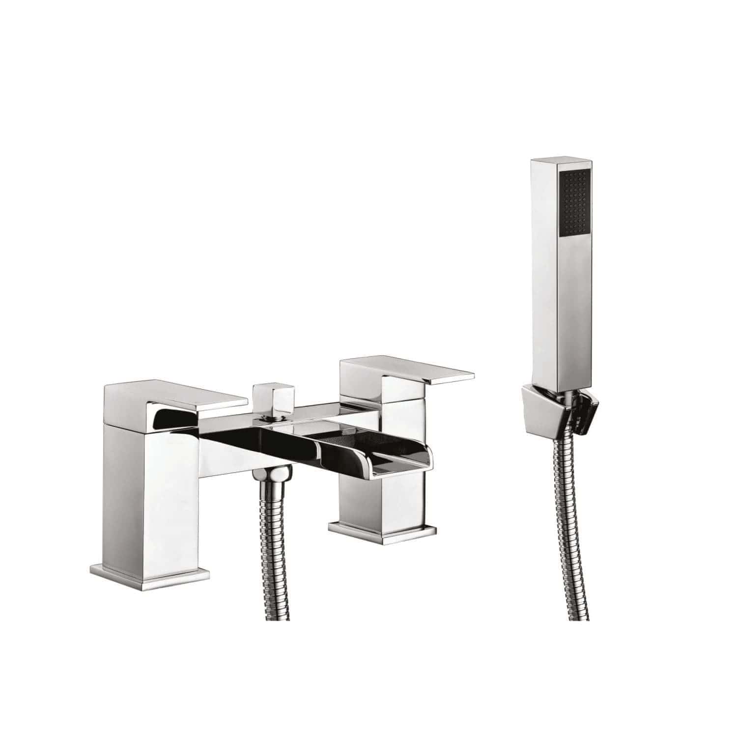 Sleek modern chrome bath tap set with matching handheld shower head, designed for contemporary bathroom renovations and high-quality plumbing fixtures.