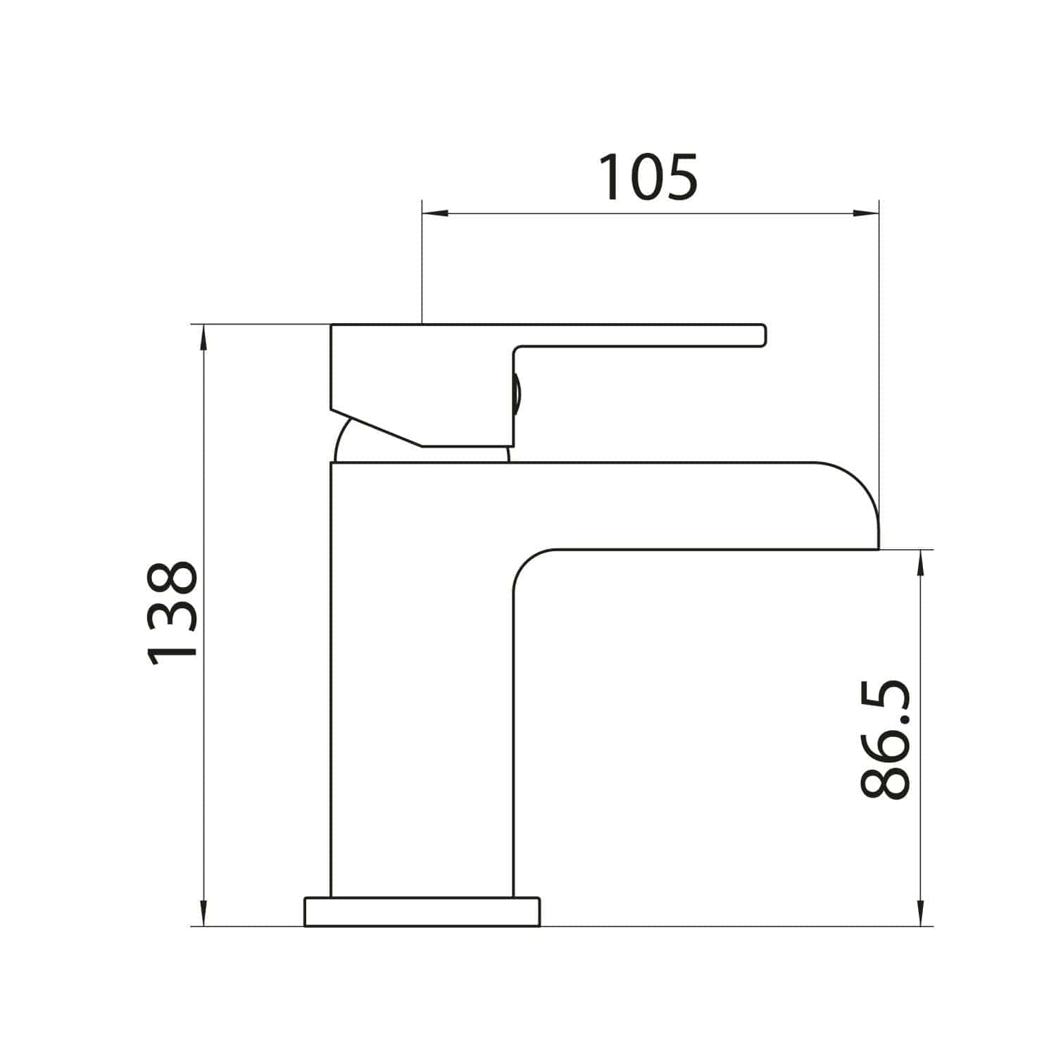 Chrome-plated bathroom basin tap with sleek modern design, dimensions 138mm height, 105mm spout length, and 86.5mm height from base, ideal for contemporary bathroom upgrades, high-quality fixtures from Bubly Bathrooms.