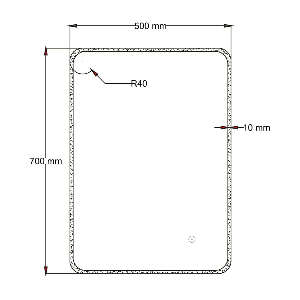 Elegant rectangular shower tray with rounded corners, 700mm x 500mm, featuring a 10mm thickness and R40 curved edges for modern bathroom design on bubly.co.uk.