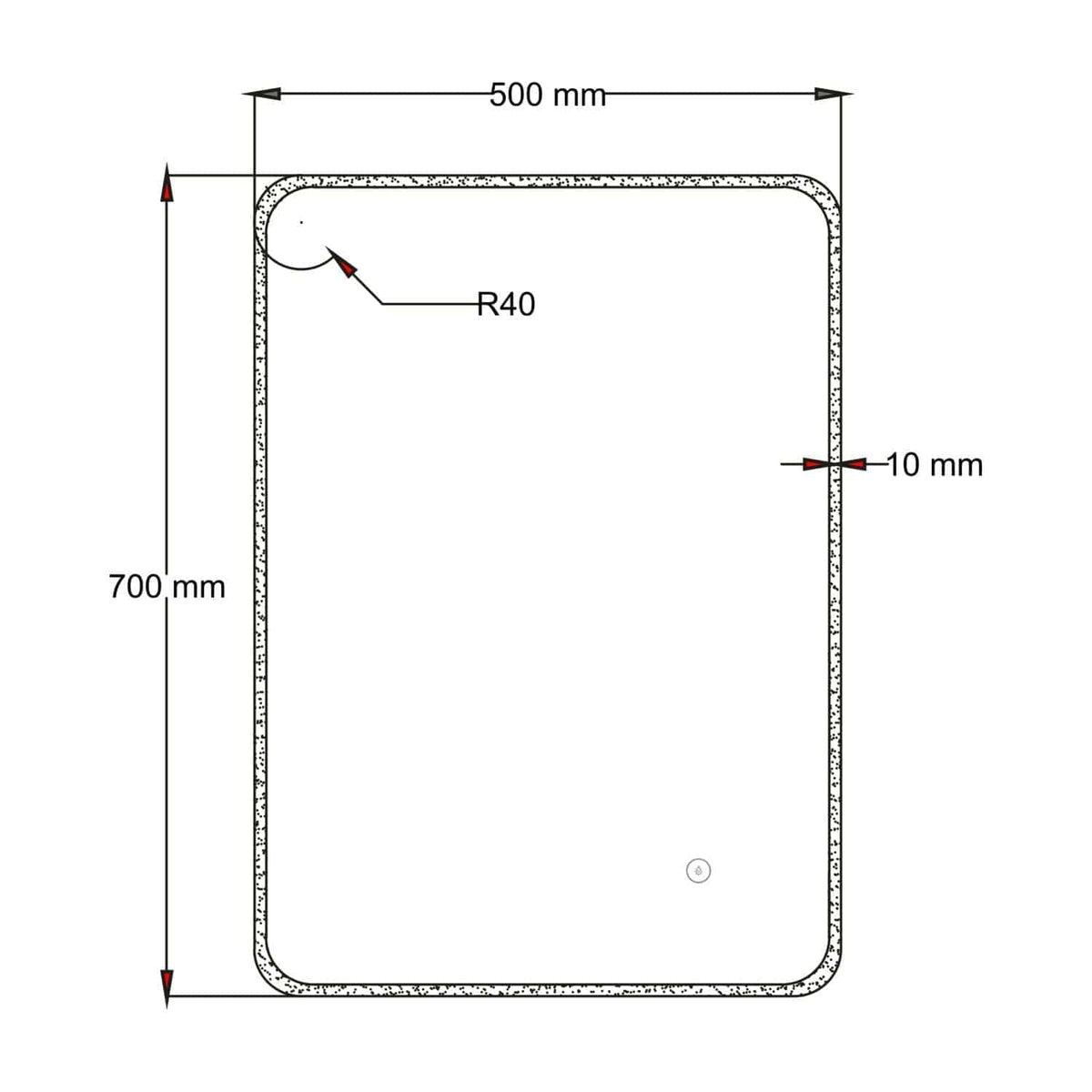 Elegant rectangular shower tray with rounded corners, 700mm x 500mm, featuring a 10mm thickness and R40 curved edges for modern bathroom design on bubly.co.uk.