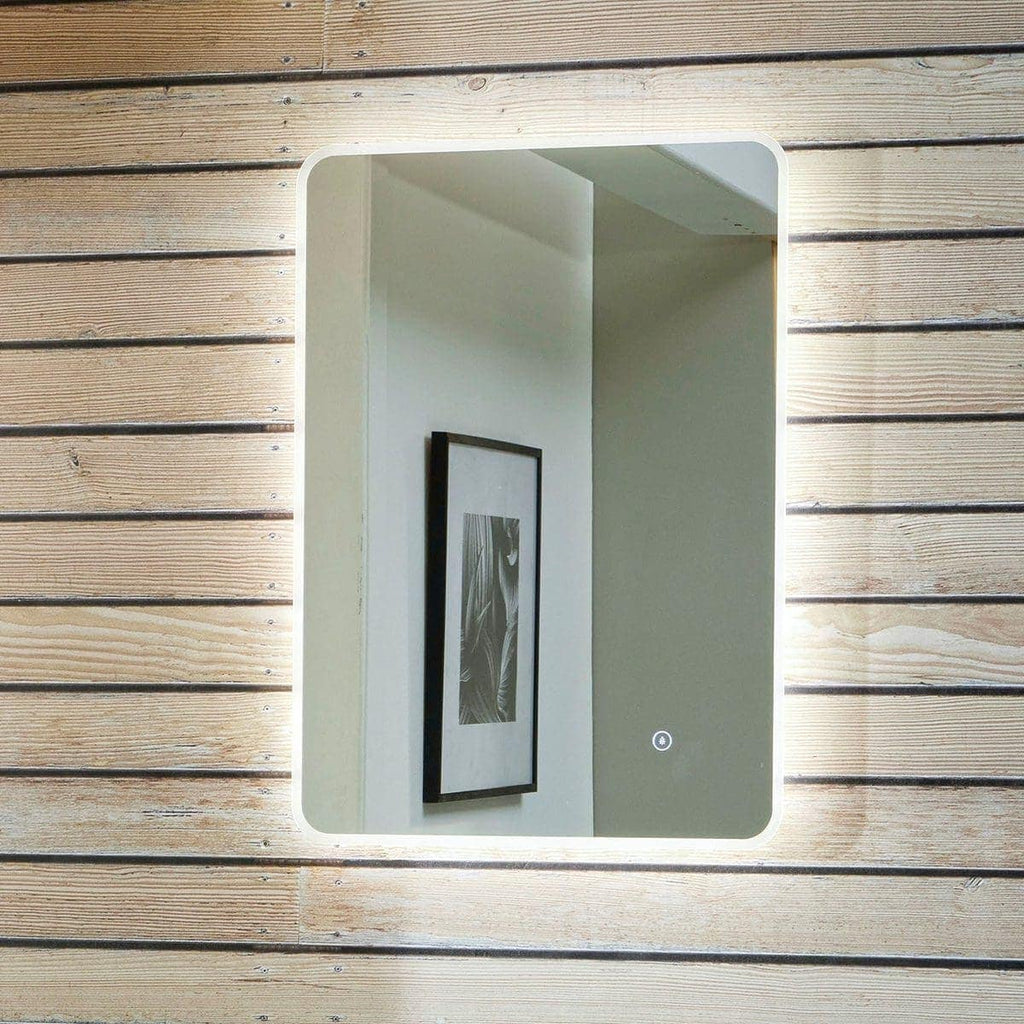 Shaving mirror with LED lighting mounted on a wooden wall, ideal for modern bathroom decor and grooming routines. Perfect for enhancing bathroom aesthetics and functionality with sleek, contemporary design.