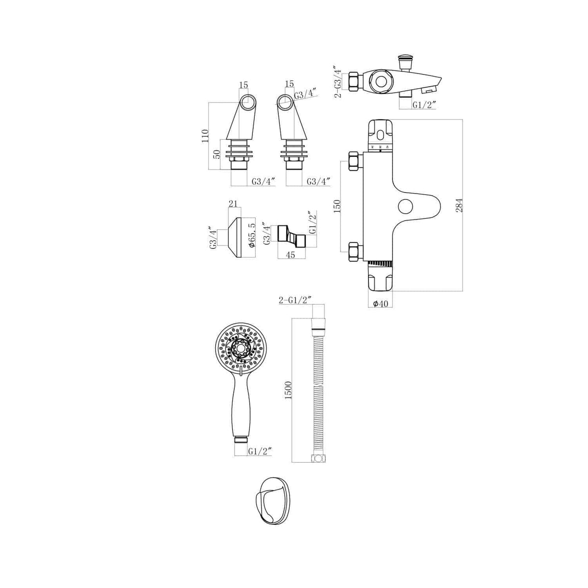 Precision plumbing technical drawing of bathroom fixtures including taps, shower head, and fittings with detailed measurements for bathroom renovation projects.