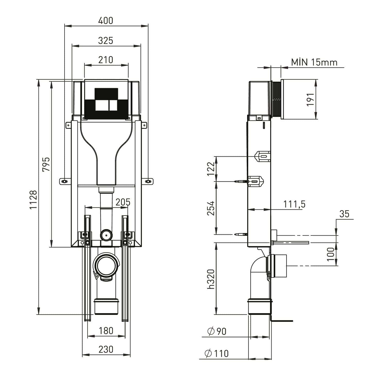 High-quality wall-mounted toilet frame with detailed technical measurements, ideal for bathroom installation and renovation projects, ensuring optimal support and installation precision.