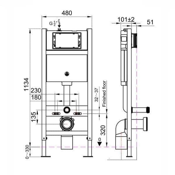 High-quality technical drawing of a bathroom installation system, showcasing precise measurements and design details for modern bathroom renovation projects.