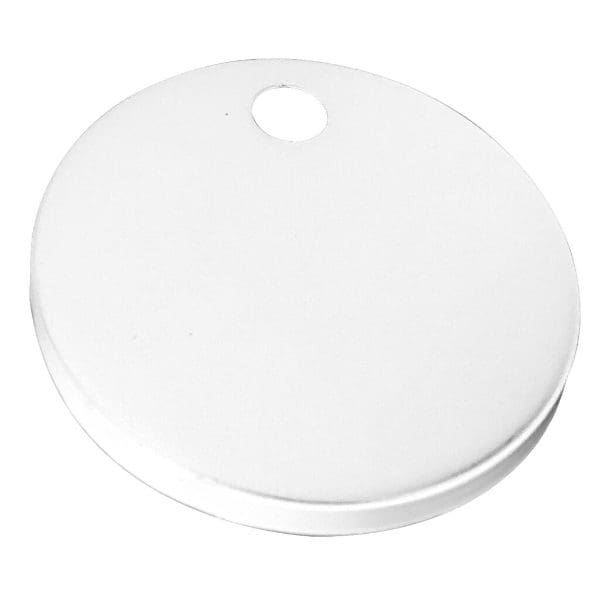 White bathroom identification tag with hole for hanging, used for labels or signage in bathrooms. Ideal for marking facilities, indicating cleanliness, or providing instructions in bathroom environments.
