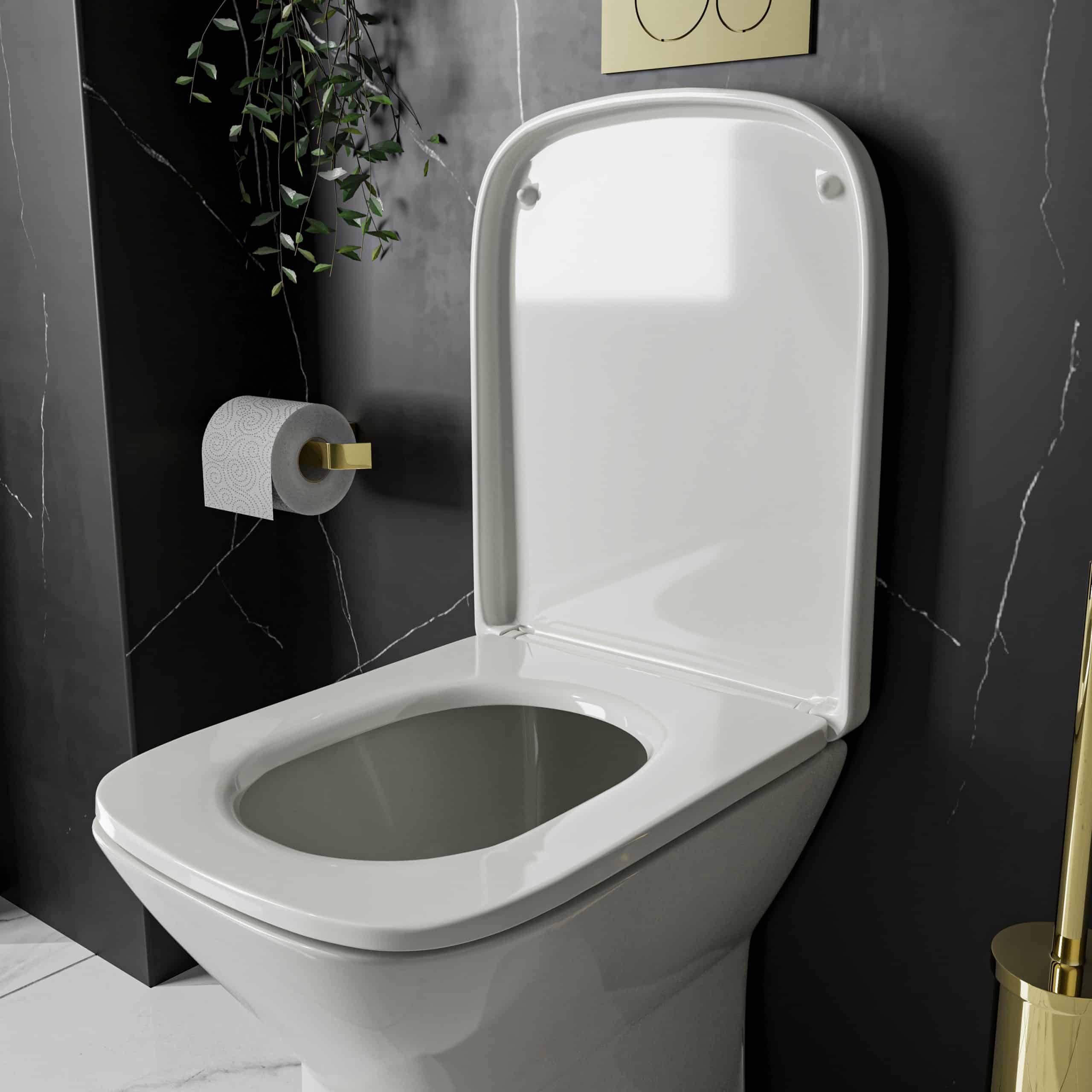 Toilet with modern white ceramic design in a stylish bathroom setting, featuring sleek fixtures and contemporary decor. Perfect for upgrading your bathroom with elegant and functional features.