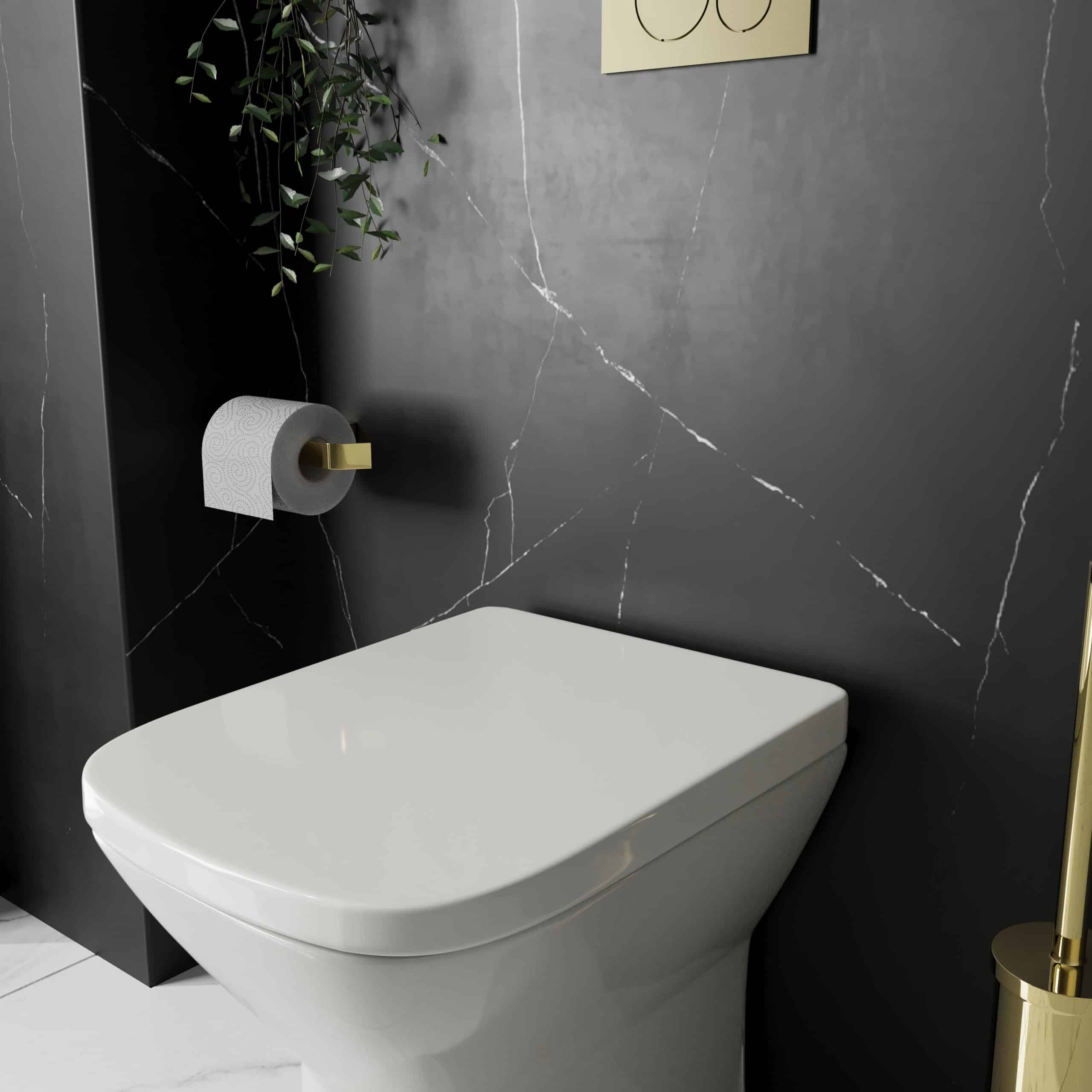Elegant modern bathroom featuring a sleek white toilet against a sophisticated black marble wall with white veining, complemented by minimalist accessories and stylish decor.