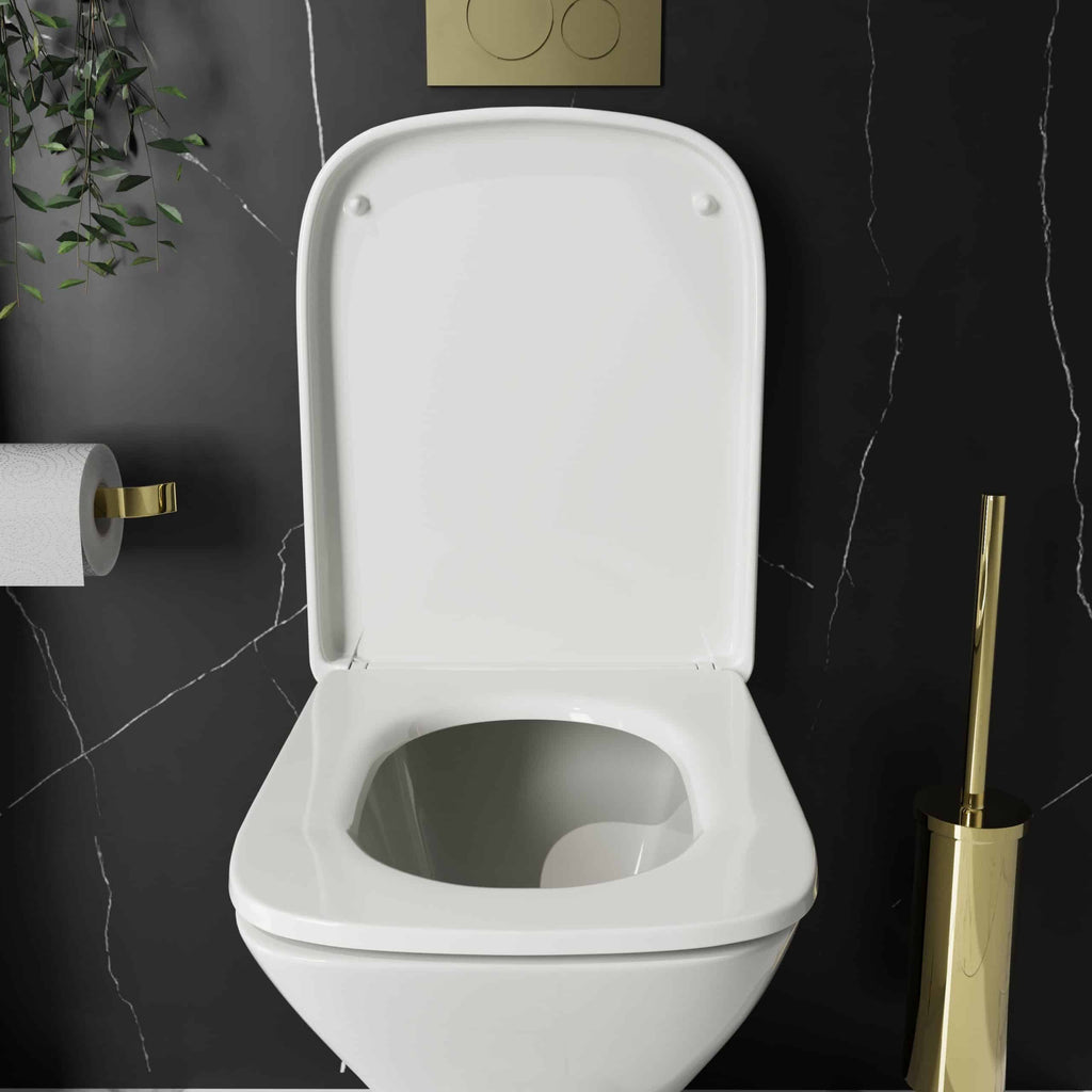 Toilet with modern white ceramic design in contemporary bathroom setting, showcasing Bubly Bathrooms' high-quality sanitary fixtures and accessories, ideal for bathroom renovation or upgrade.