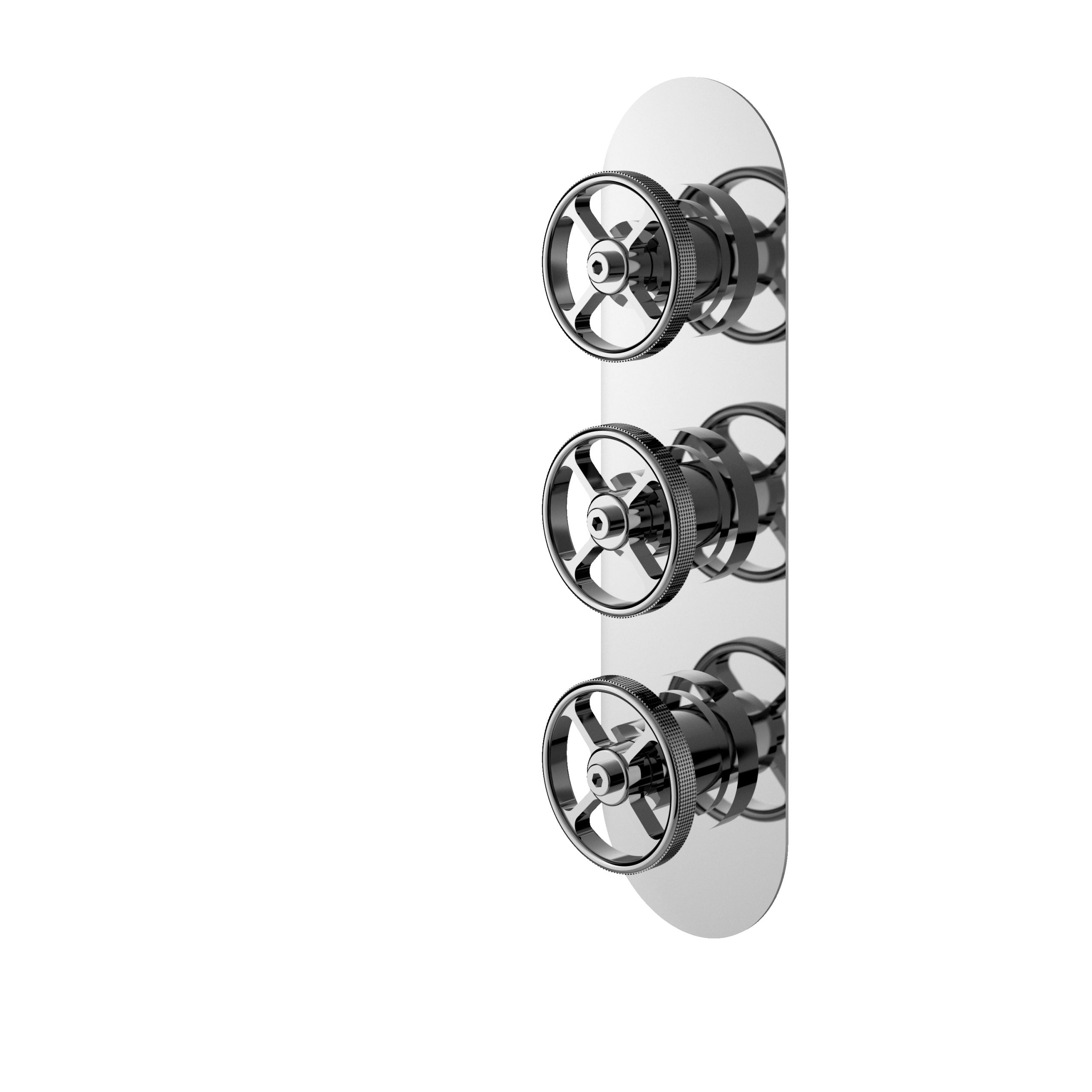 Chrome bathroom mixer valve with three controls on a reflective mirror surface, modern plumbing fixture, sleek and stylish design for contemporary bathrooms, high-quality materials.
