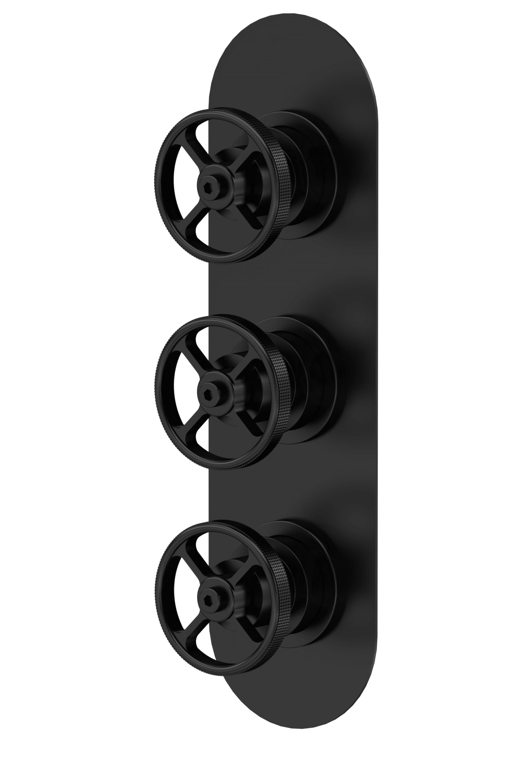 Black shower valve with three control knobs for precise temperature and water flow regulation, perfect for modern bathroom renovations.