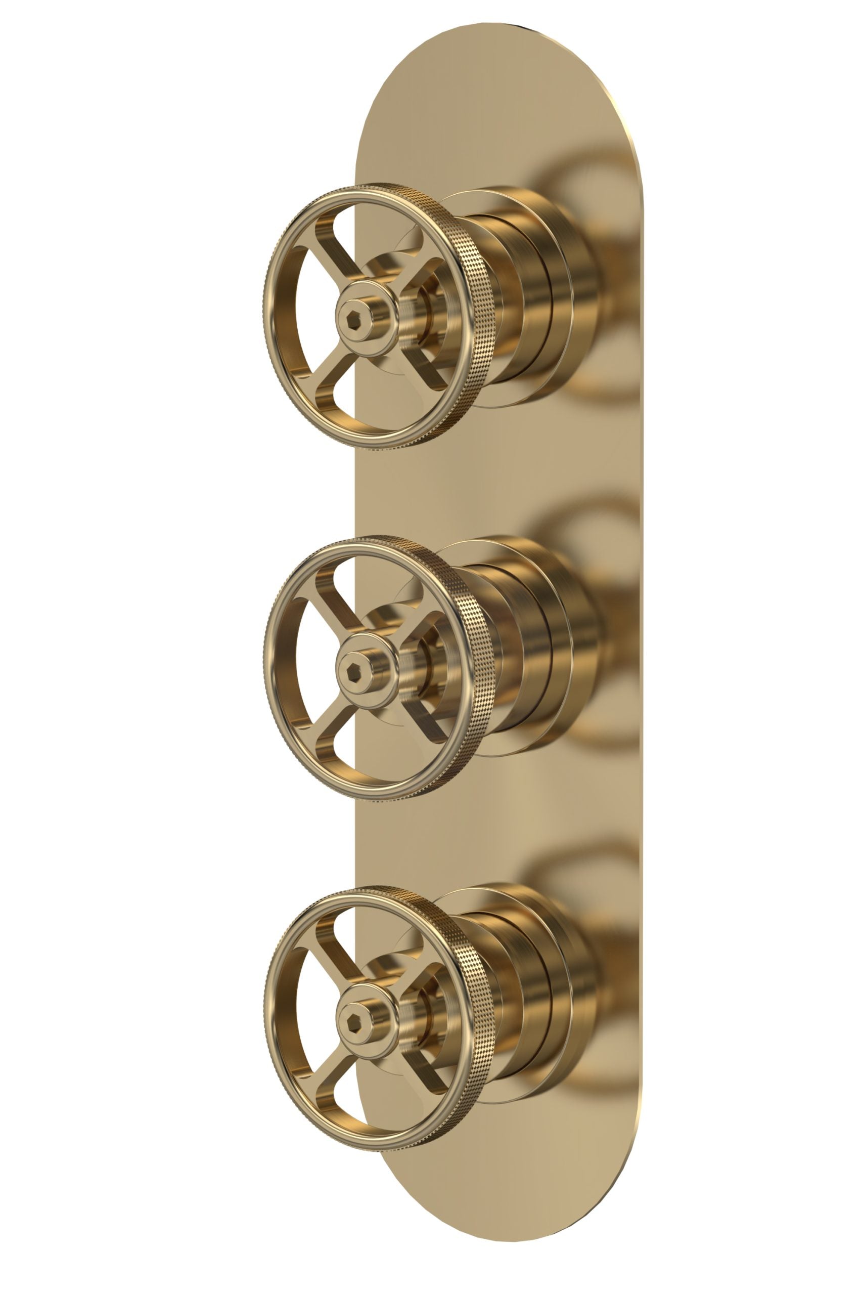 Shower valve with three control knobs in a luxurious gold finish, ideal for modern bathroom renovations and plumbing upgrades.